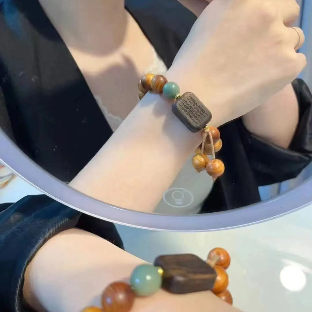 High Oil Thuja Single Circle Bracelet with Fragrant Wood Girl Cedar Wood Carving Scripture Round Bead HandString  WenWan Jewelry