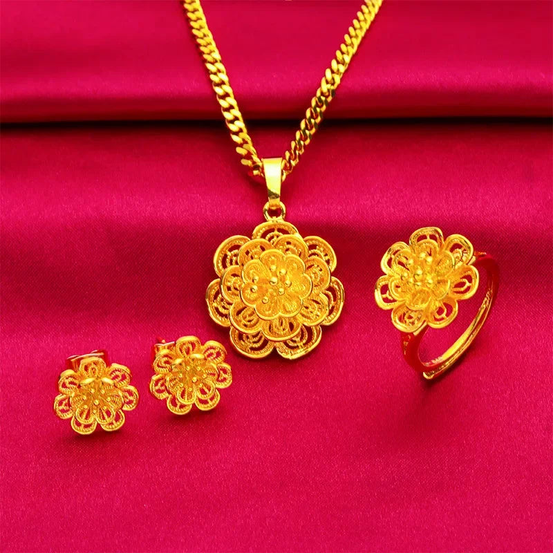 Fashion 100% 24K Real Gold 999 Plated Jewelry Set Sun Flower 3mm 45cm Collarbone Necklace Earrings and Rings Gifts for Women