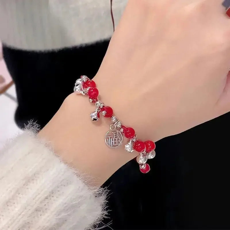 ANGLANG Miao Jiang Girl Bell Red Rope Bracelet One Step 1 Ring Jewelry Hand Rope Woven Vintage Fashion Niche Design New Girlfrie