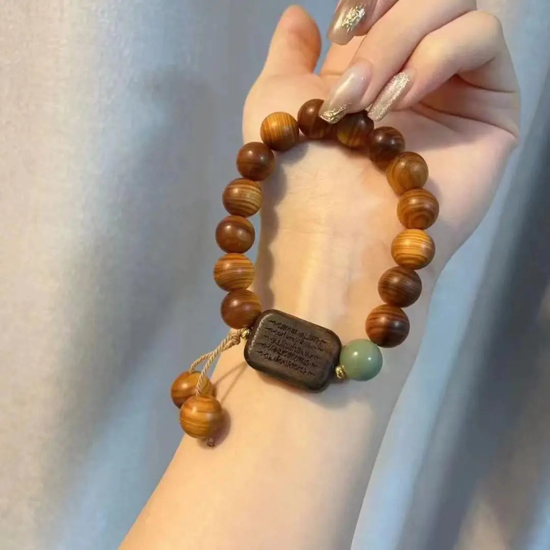 High Oil Thuja Single Circle Bracelet with Fragrant Wood Girl Cedar Wood Carving Scripture Round Bead HandString  WenWan Jewelry