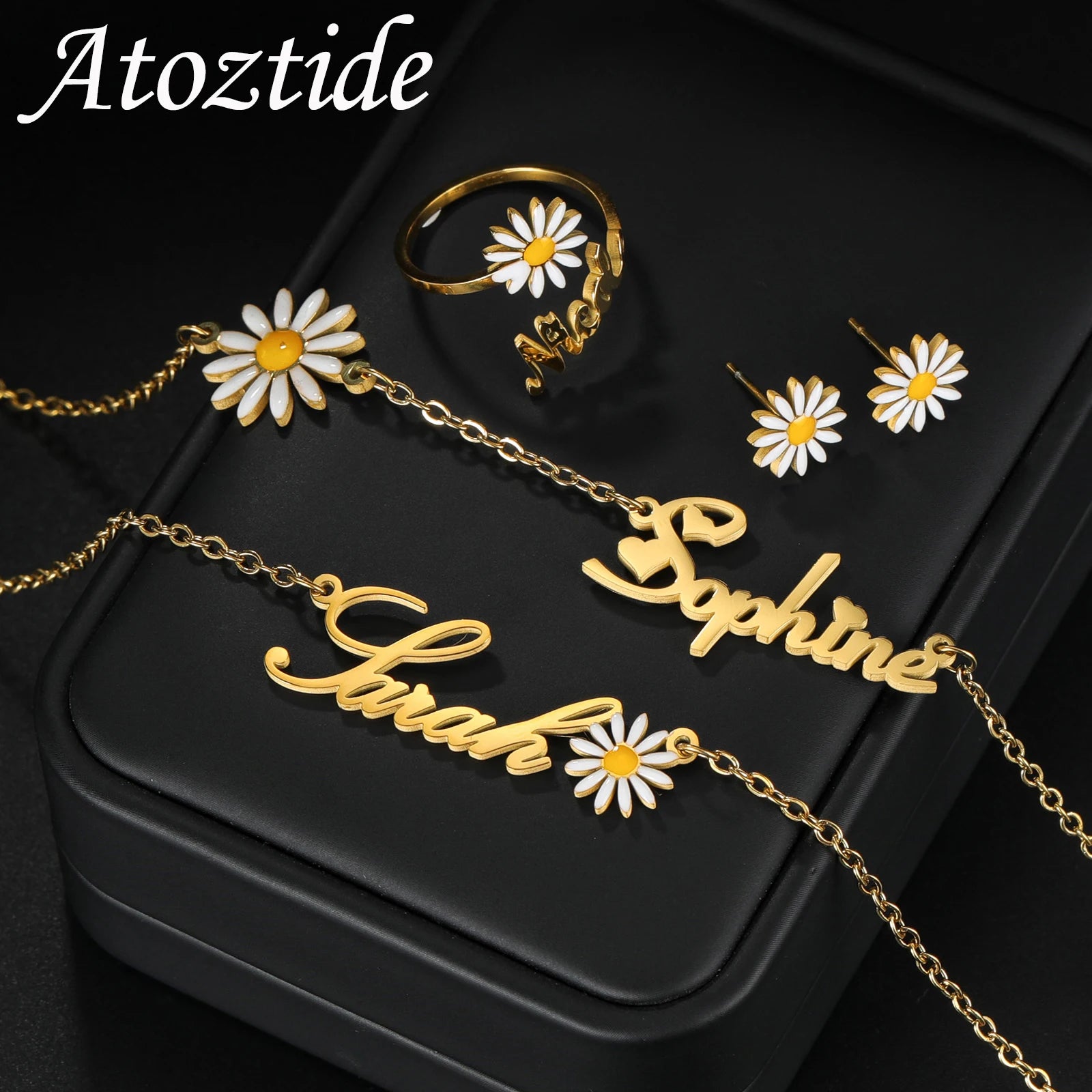 Atoztide Personalized Custom Name Dripping Oil Flower Jewelry Set Bracelet Necklace Earring Ring Stainless Steel for Women Gifts