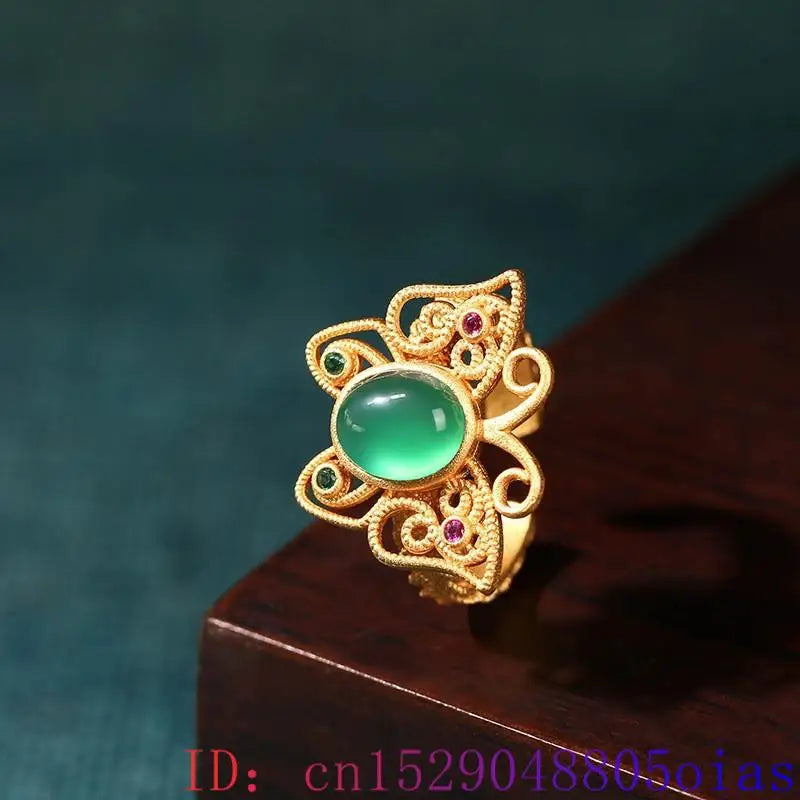 Green Real Jade Butterfly Ring Designer Stone Fashion Natural Jewelry Women Amulet Gemstone Charm Accessories 18K Gold Plated